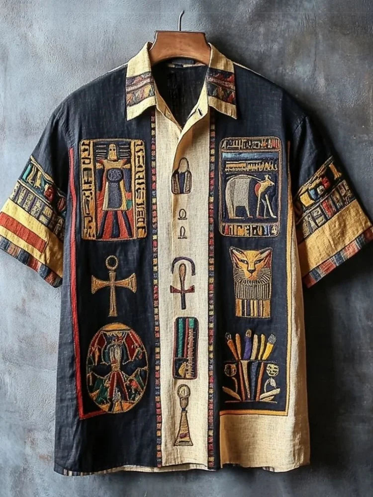 Outdoor Streetwear Men's Fashion Shirts Retro-style Ancient Egyptian Printed Men's Shirts Casual Daily Men's Short-sleeved Shirt
