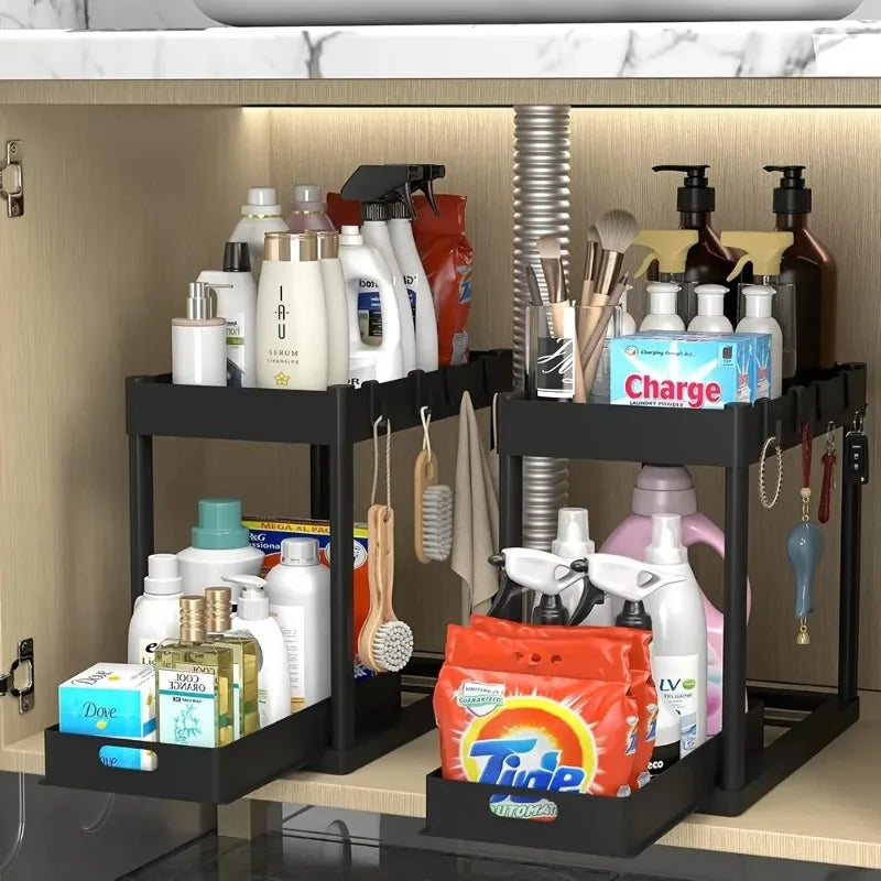 2-Tier Sliding Under Sink Organizer Space Saving Bathroom Cabinet Storage Drawer