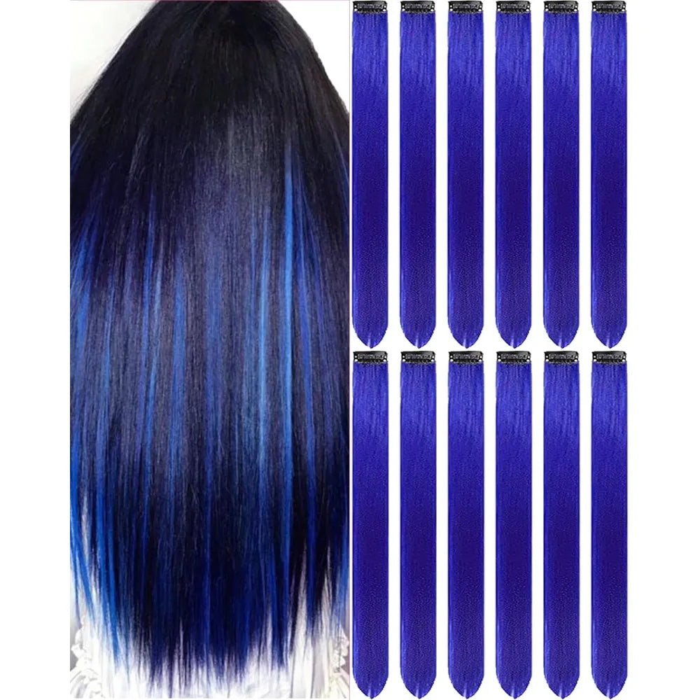6/12 PCS Hair Extensions Clip, 22in Colored Hair Extensions Party Highlights Long Straight Synthetic Hairpieces for Girls Cospla