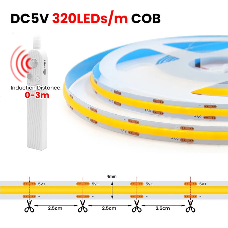 5V LED COB Light Strip with Motion Sensor Powered by Battery Or USB Cable for Cabinet Wardrobe Liner Lighting