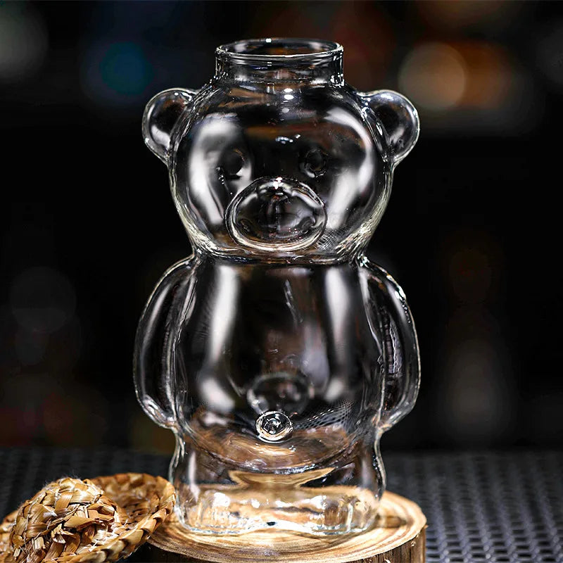 YWDL 1/2pcs Cartoon Bear Shaped Glass Cup With Straw 300ml Transparent Juice Cocktail Glass Cup Restaurant Home Coffee Milk Cup
