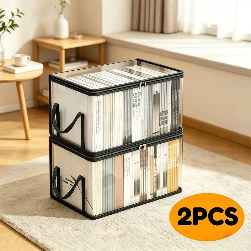 2Pcs Transparent Plastic Book Storage Box Large Capacity Foldable Space-Saving Organizer For Home Office