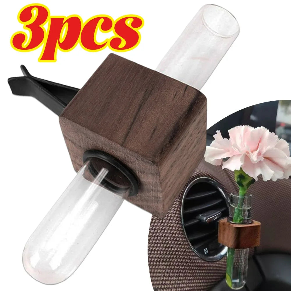 Hydroponic Plant Holder Car Air Vent Flower Decoration Rack Auto Interior Ornament Black Brown Wood Simple Elegant Accessory