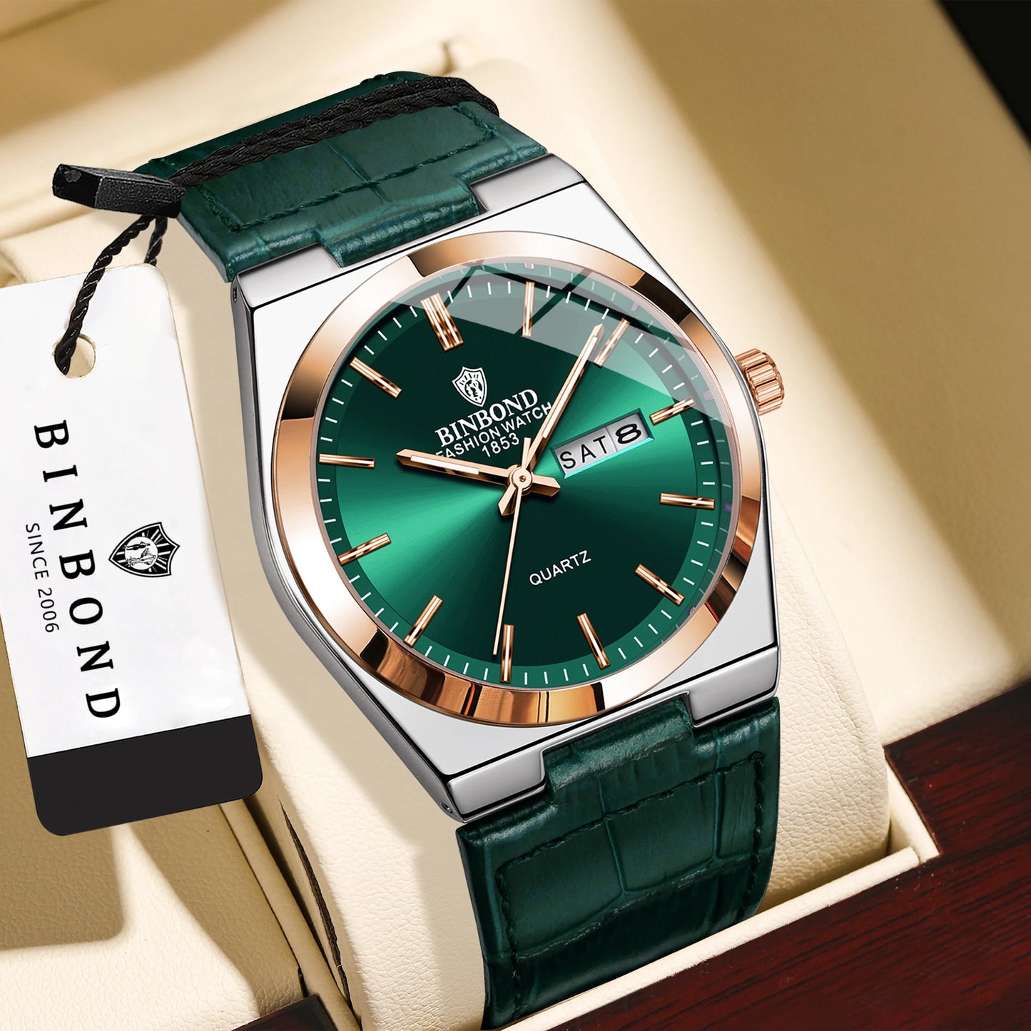 BINBOND Durable Men's Watch Reloj Leather Strap Luxury Quartz Wristwatches Precise Luminous Waterproof Auto Date Week Display