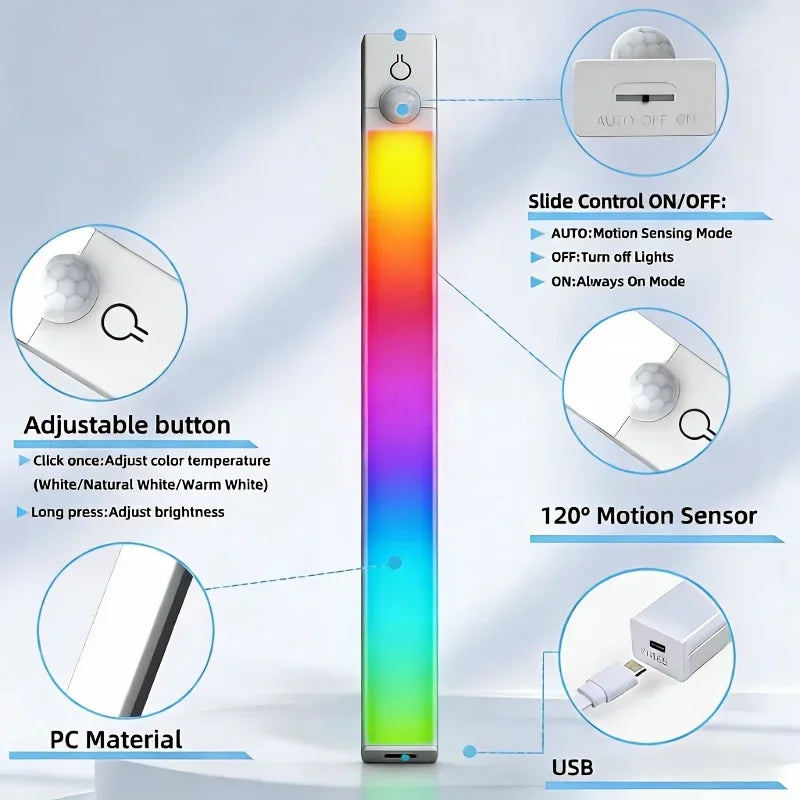 11.81/19.69in RGB Cabinet Light USB Type-C Rechargeable Light Motion Sensor Led Lamp for Kitchen Wardrobe Cabinet Lighting