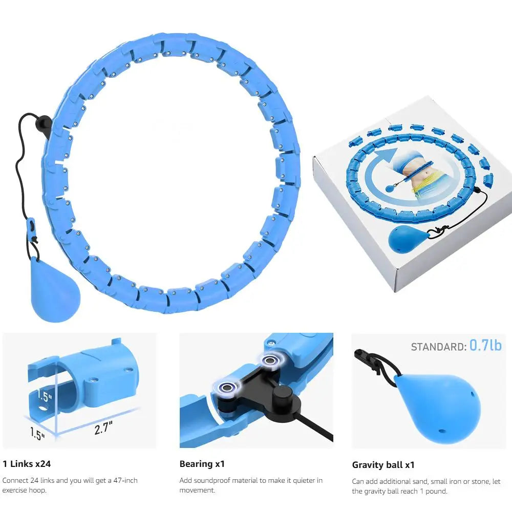 Smart Weighted Fitness Hoop 24 Detachable Links Adjustable Plus Size 47-Inch Slimming Ring Waist Trainer Auto-Spinning Massage Circle for Adults Women Beginners Weight Loss Fat Burning Home Gym Workout Equipment
