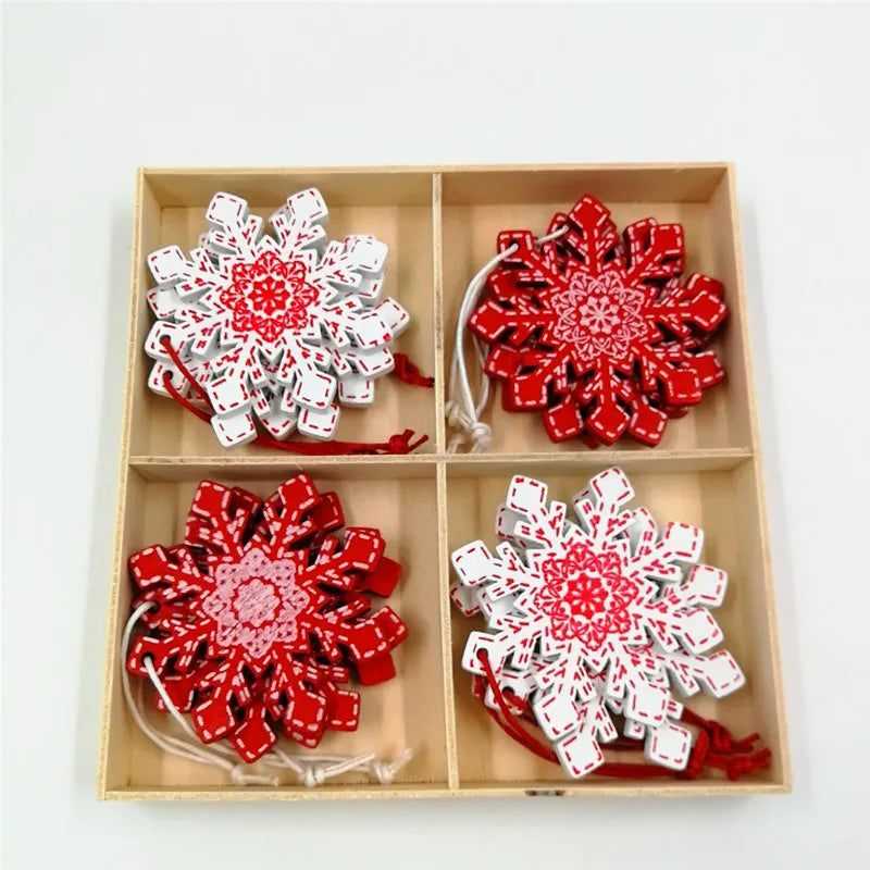 12pcs/St New Christmas Decoration Pure Wood Pendant Elk Bell Snowflake Stars Wood Pendant Christmas Tree Pendant Decor Supplies