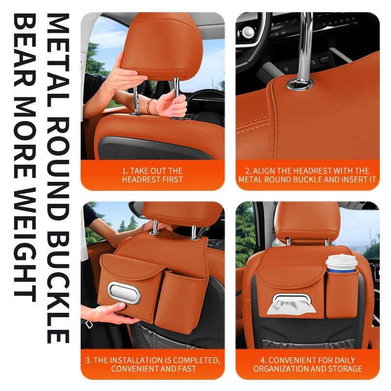 Universal Car Backseat Organizer Leather Seat Back Storage Bag with Tissue Box, Water Bottle Holder