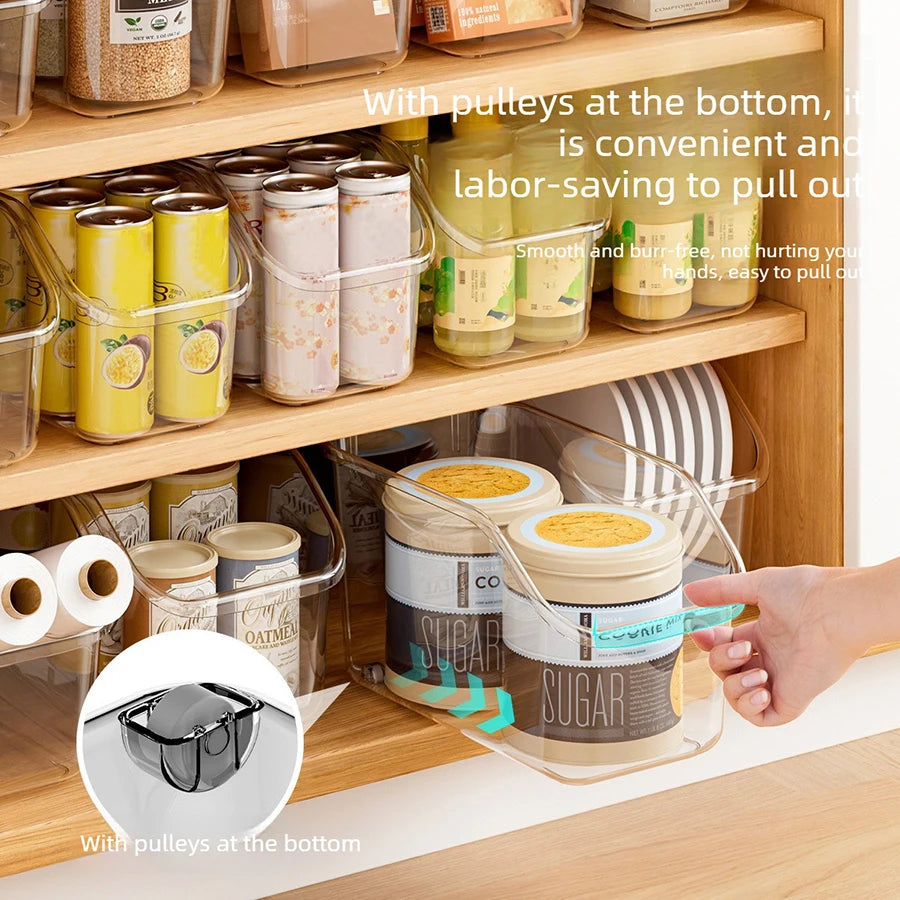 Pull-Out Cabinet Organizer Bin with Roll Wheels Clear Kitchen Bathroom Cabinet Under-Sink Organizer and Storage Organizer Basket