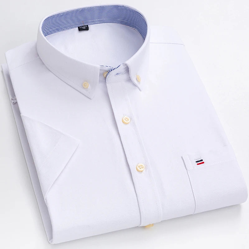 Plus Size 7XL Summer Short Sleeve Shirt 100%Cotton Shirts for Men White Plaid Striped Social Slim Fit Formal Business Clothing