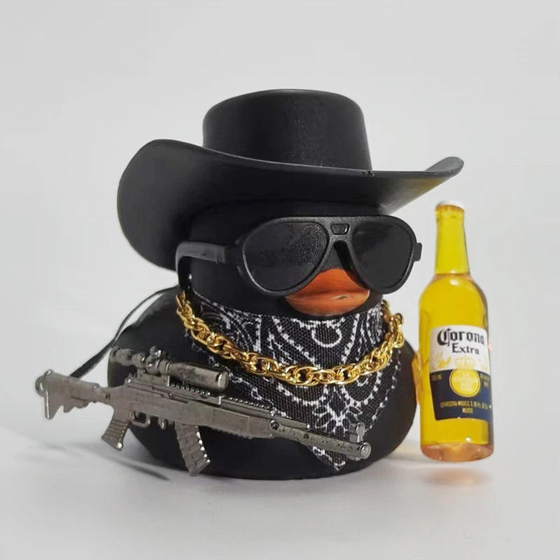 Cute Fortunate Rich Duck Car Dashboard Decoration Yellow Black Duck with Cowboy Hat Scarf Bottle for Women Men Car Ornament