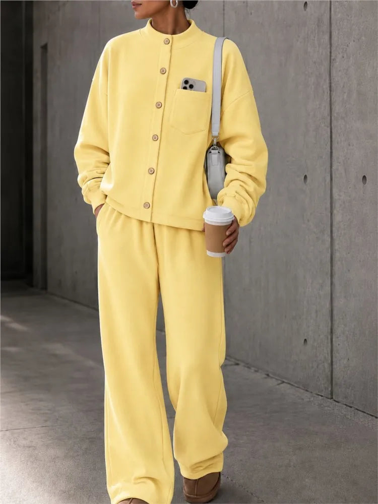 Autumn Women's Single-breasted Button-down Long-sleeved Cardigan Trousers 2-piece Set Casual Retro Wide-leg Trousers Female Suit