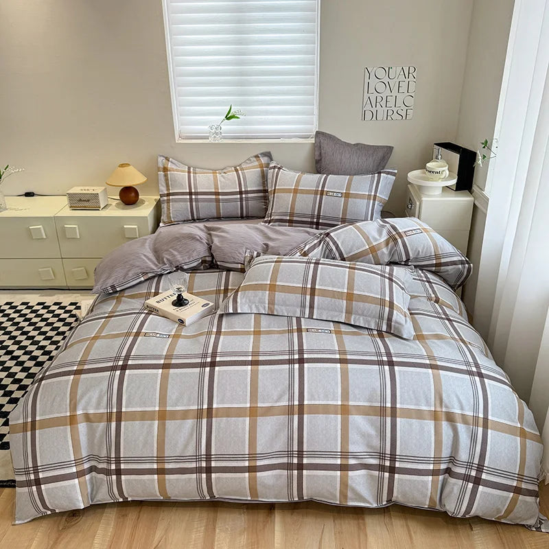 Korean Ins Pink Plaid Duvet Cover Set Queen King Bowknot Print Bedding Set Skin Friendly Soft Comforter Cover Sheets Pillowcases