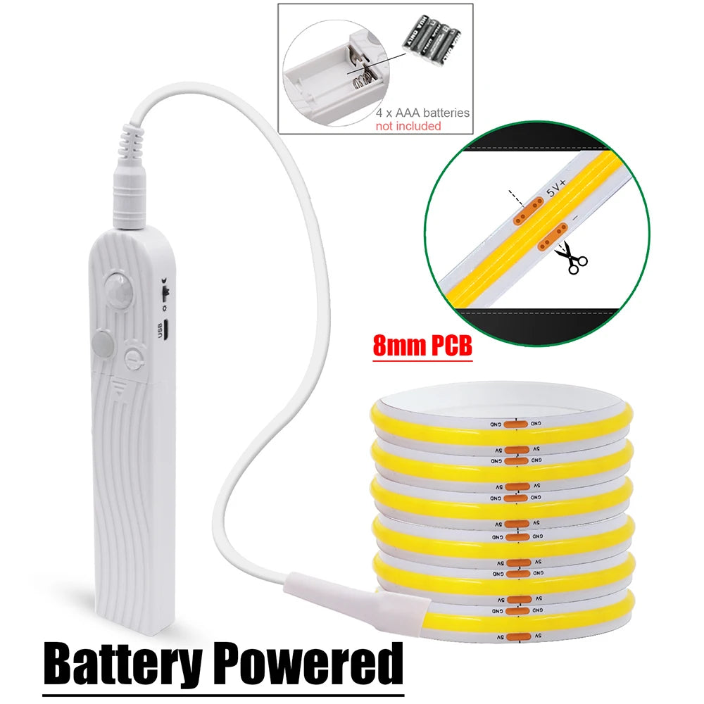 5V Motion Sensor Nigth Light COB Led Strip USB Battery Power 3mm 5mm 8mm PCB 320 LEDs Flex Lamp for Under Cabinet Kitchen Stairs