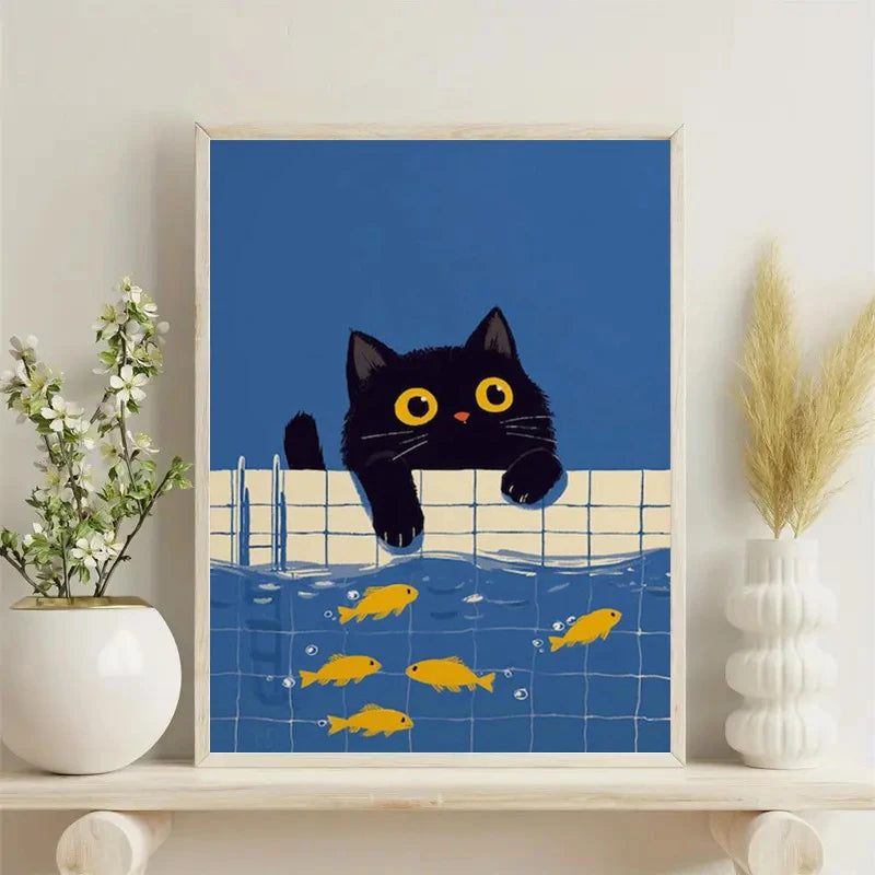 Cute Black Cat Wall Art Print with Goldfish, Whimsical Animal Illustration Poster, Modern Contemporary Poster Home Decoration
