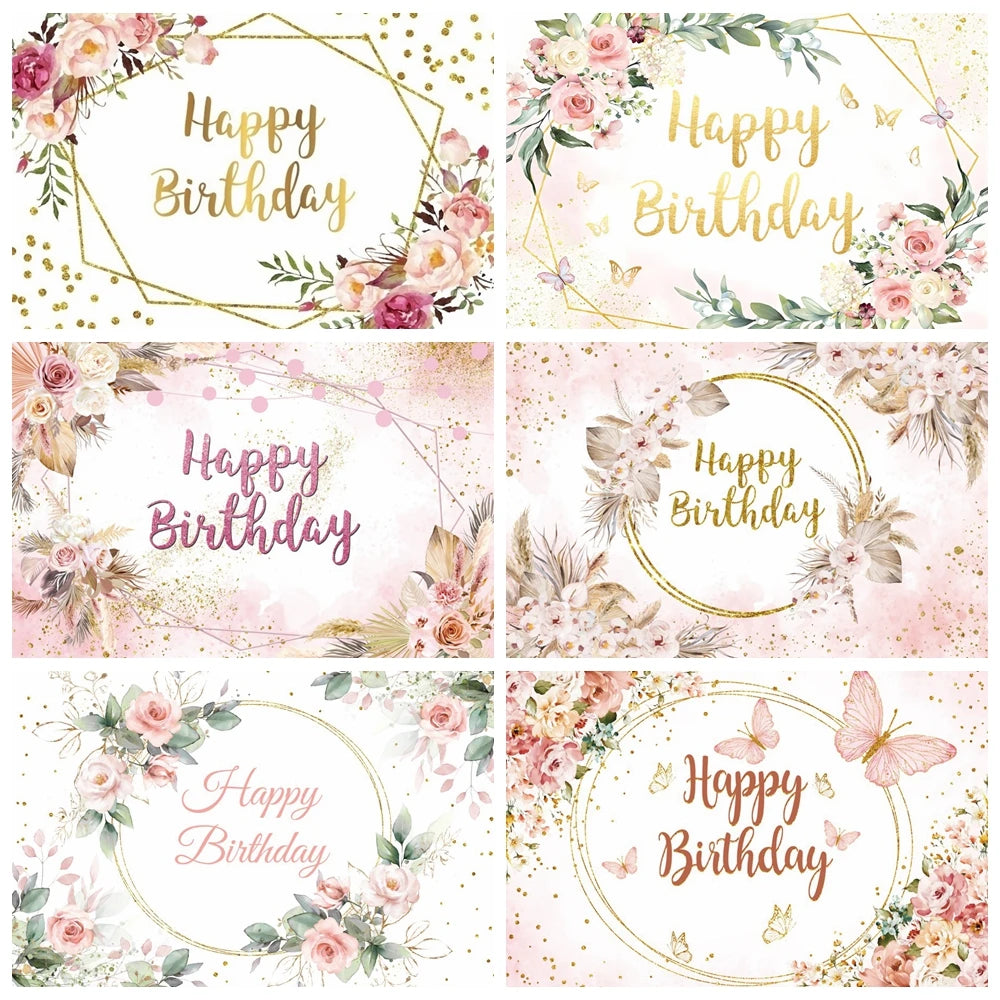 Happy Birthday Backdrop Gold Frame Frame Flower Butterfly Baby Shower Adult Anniversary Birthday Party Photography Background