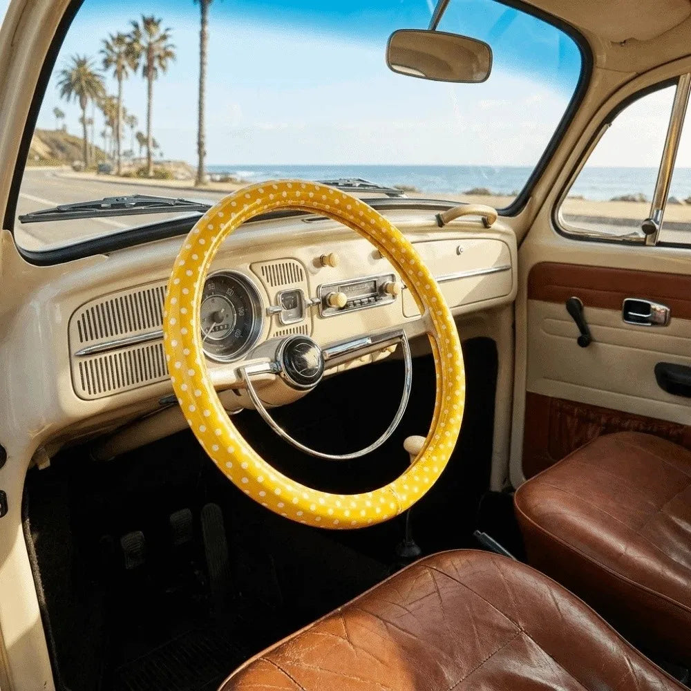 Polka Dot Pattern Steering Wheel Cover Leather Material Comfortable Hand Feel Car Protective Sleeve Easy To Install Stylish Look
