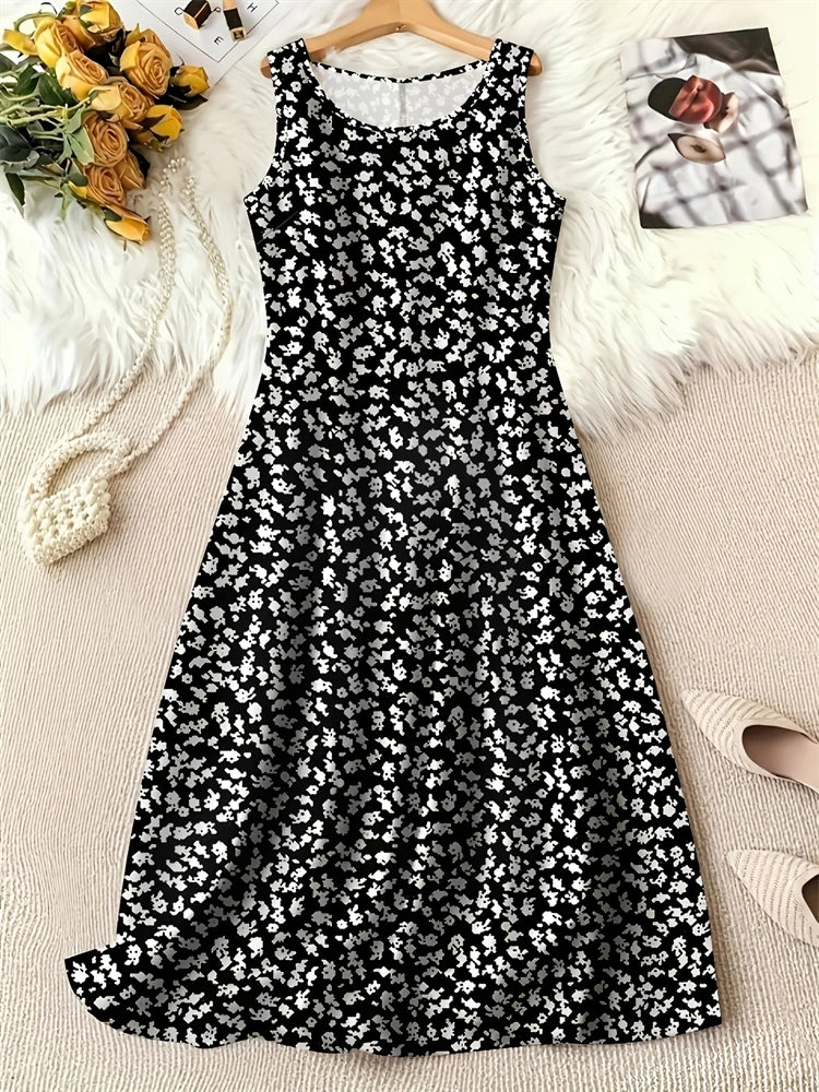 Summer Fashion Round-Neck Women's Dresses Botanical Floral Color-Blocked Patchwork Dresses Travel Party and Beach Dresses