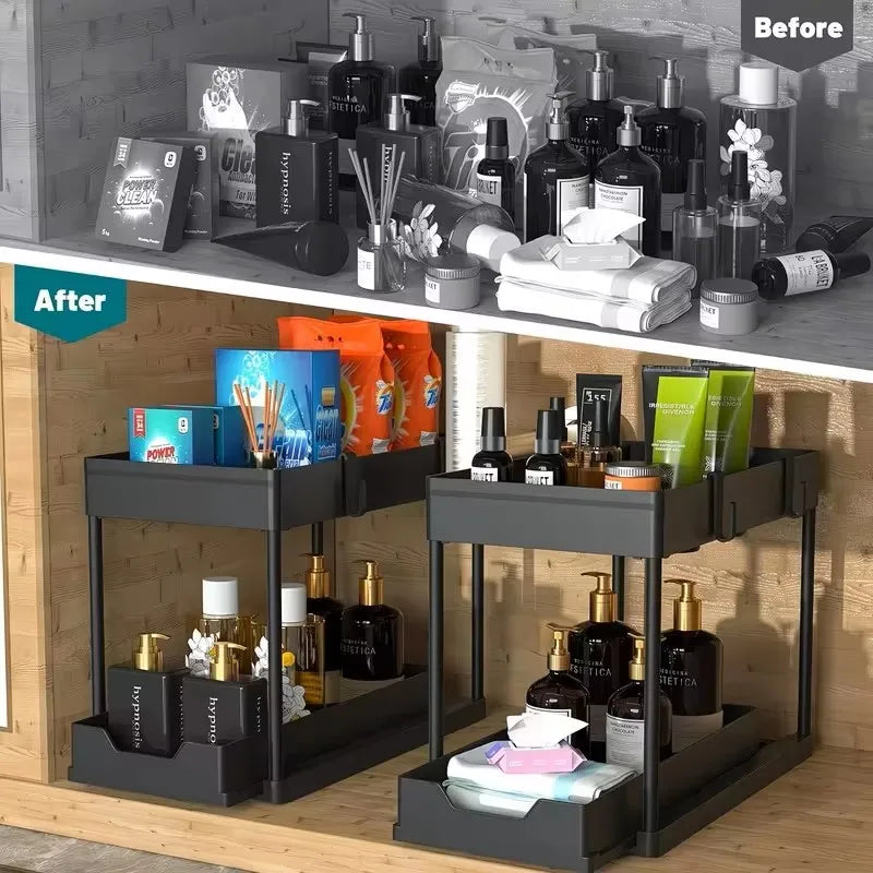 1 Pack Under Sink Cabinet Organizer, 2‑Tier Sliding Pull‑Out Drawer Storage Shelf, Multi‑Purpose Space‑Saving Organizer for Bathroom Kitchen Under Sink Cabinet, Black