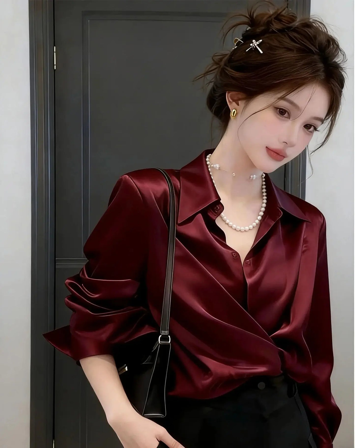 Women's Shirts & Blouses Spring Summer New Long Sleeve Button Up White Satin Top Thin Office Lady Work Wear Female Clothing Hot