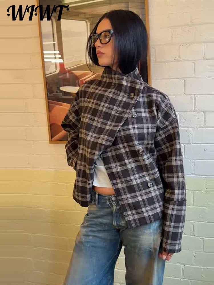 2026 Autumn Plaid Stand Collar Woolen Coats Ladies Casual Single-breasted Pockets Full Sleeve Jackets Women's Street Outwear