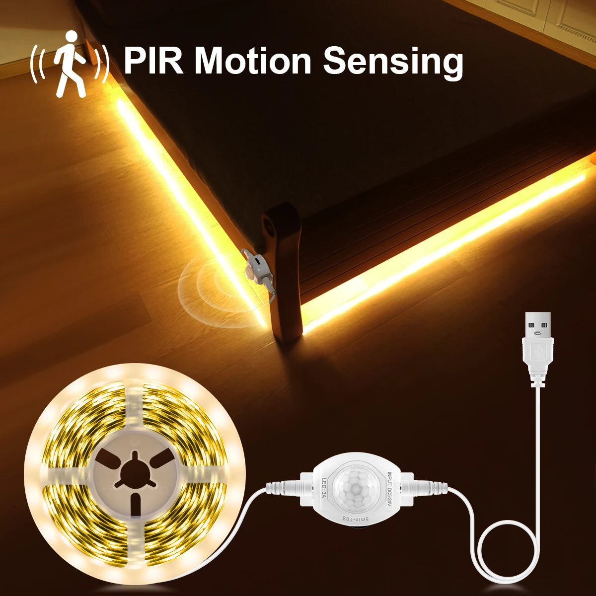 Wireless PIR Motion Sensor 5V USB LED Strip Light Flexible LED Tape Ribbon for Stair Closet Kitchen Backlight Night Light Decor
