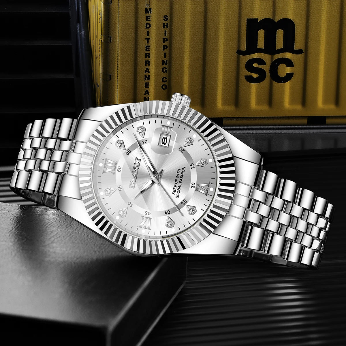 Luxury Rhinestone Men Business Watches Fashion Men's Calendar Quartz Watch with Stainless Steel Strap Reloj Hombre (Without Box)