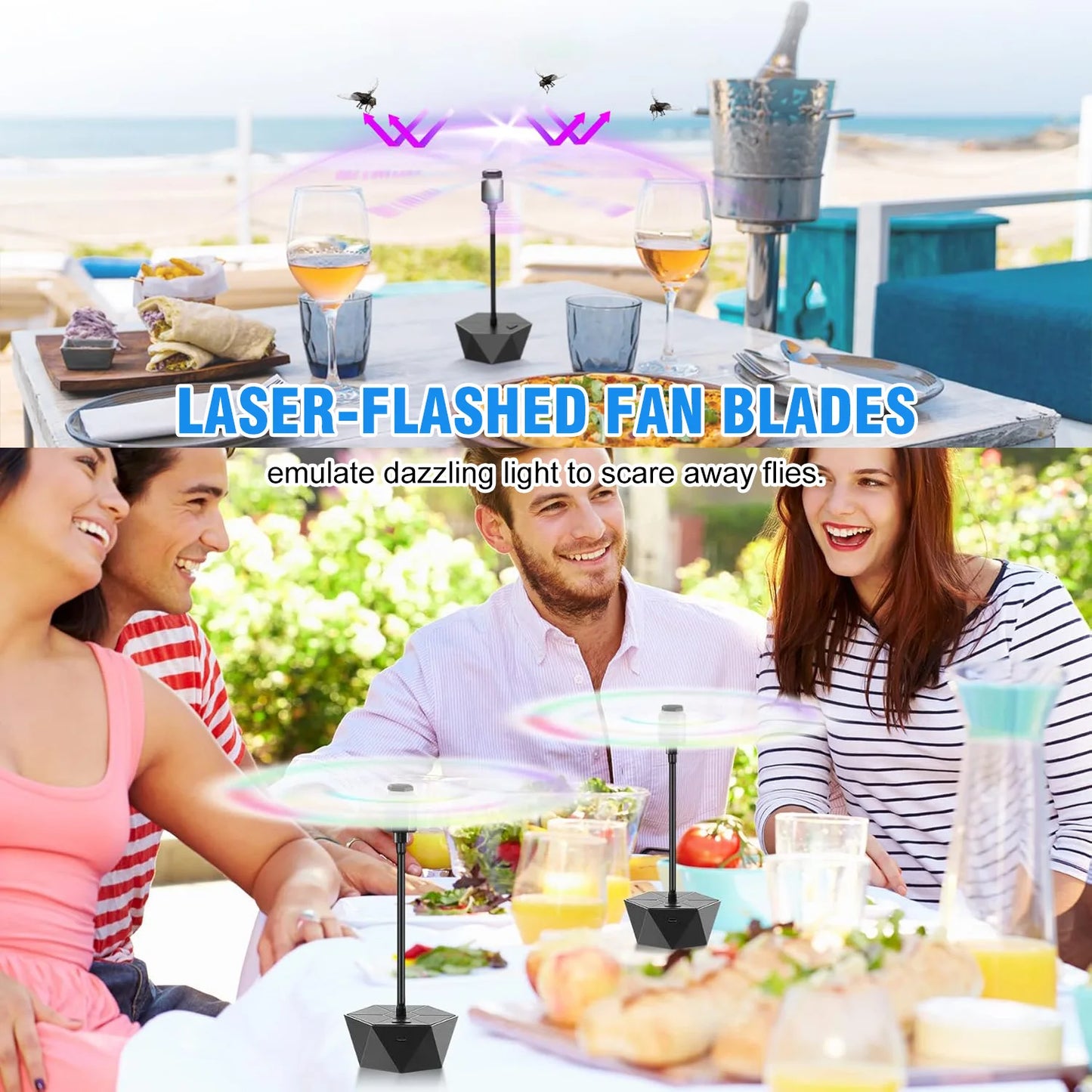 Rechargeable Fly Fan for Tables - Holographic Blades Keep Flies Away Indoors/Outdoors, Ideal for Picnic, Party & BBQ