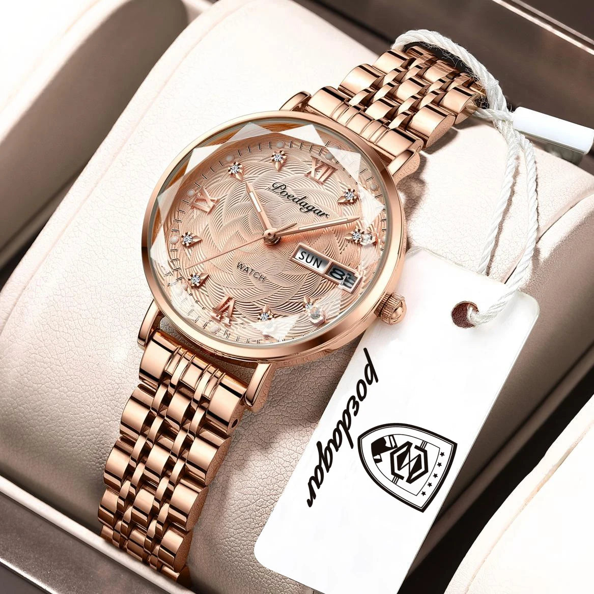 POEDAGAR Top Elegant Ladies Watch Waterproof Luminous Date Week Luxury Women's Watches Rose Gold Fashion Quartz Woman Wristwatch