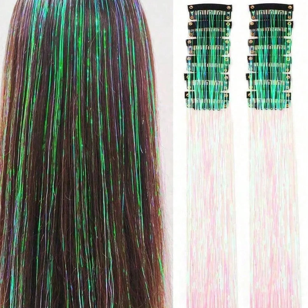 12Pcs Hair Tinsel Clip In 19.7" Glitter Tinsel Hair Extensions Synthetic Clip In Sparkle Hair Accessories For Kids Girls Women
