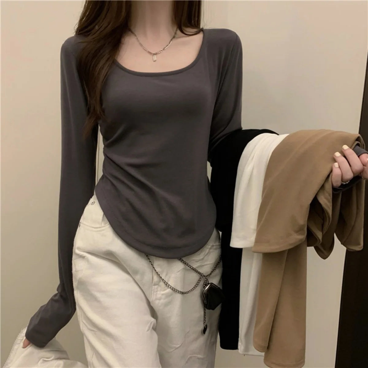 Square Neck Long Sleeve T-Shirt Women Spring Autumn New Irregular Hem Slim Casual Top Solid Bottom Shirts New Korean Streetwear