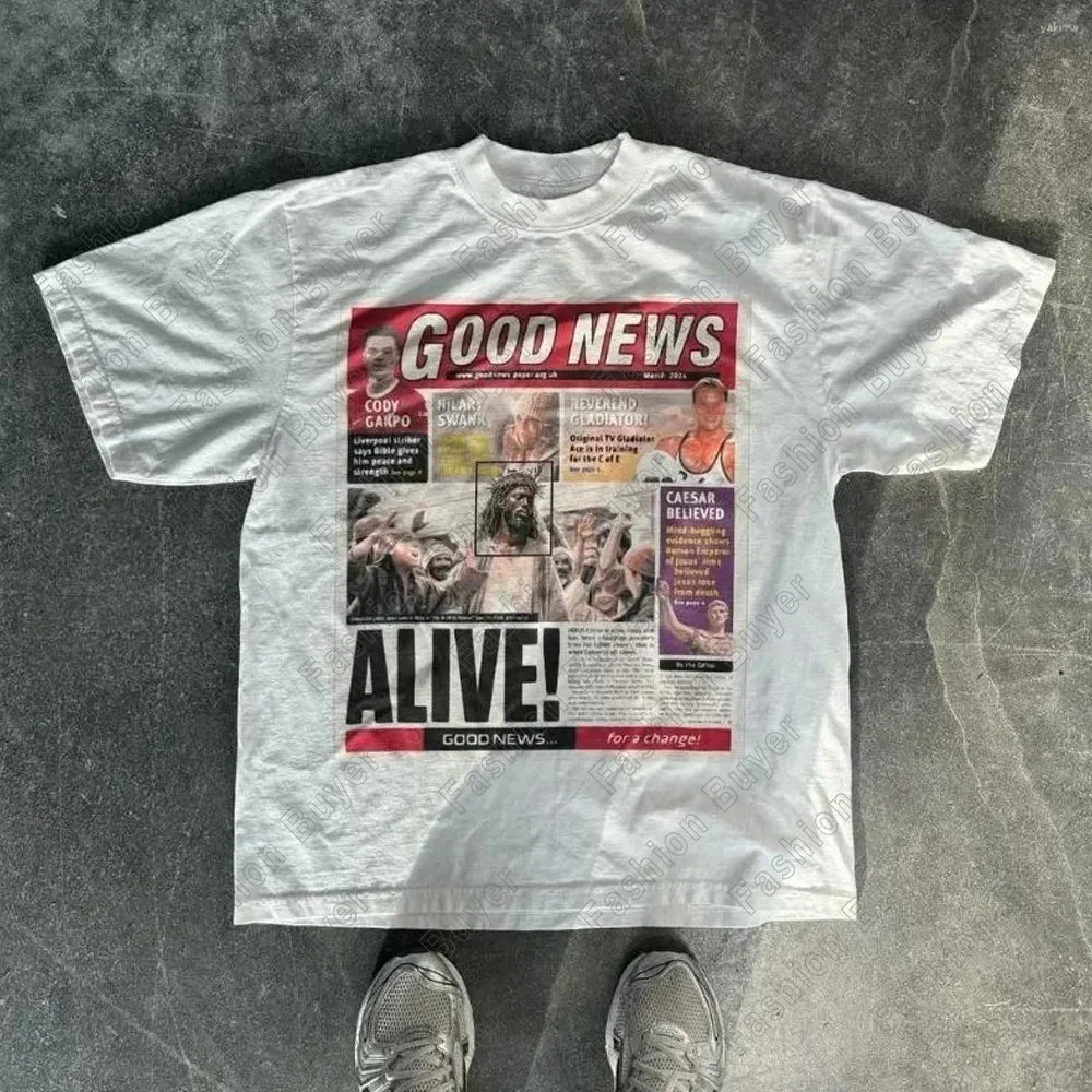 Harajuku American Newspaper Graphic T Shirts Y2k Tops Oversized T Shirt Couple Pro Choice Gothic Streetwear Vintage Men Clothing