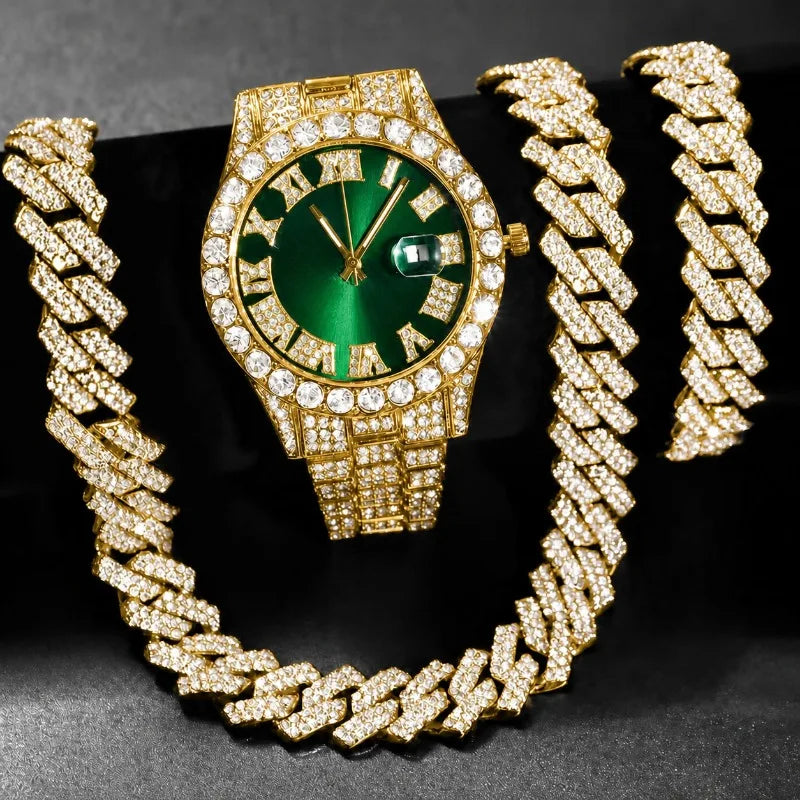 3PCS Hip Hop Iced Out Men's Watch Jewelry Set Luxury Rhinestone Quartz Wristwatch Cuban Link Chain Accessories for Women Gift