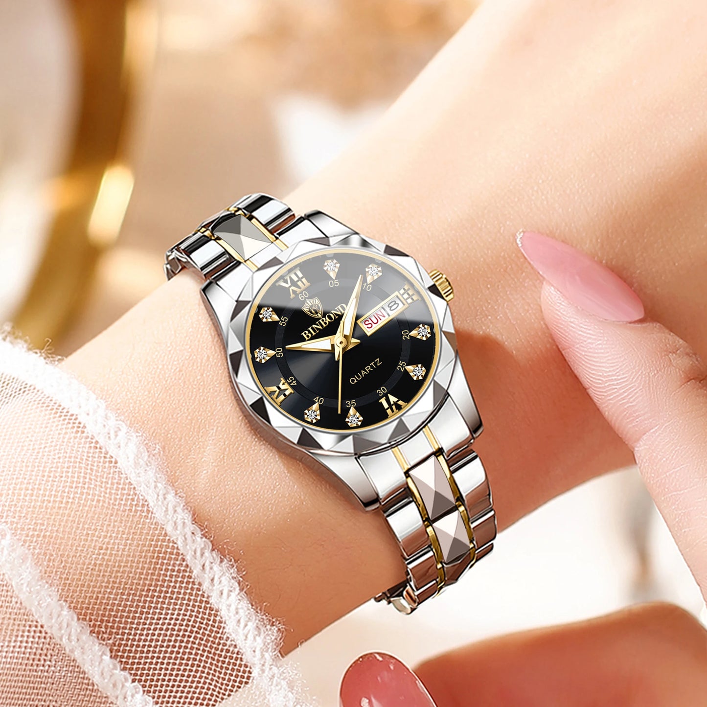 BINBOND Ladies Reloj Sturdy Quartz Watches For Women Luxury Luminous Waterproof Accurate Auto Date Week Display Women's Watch