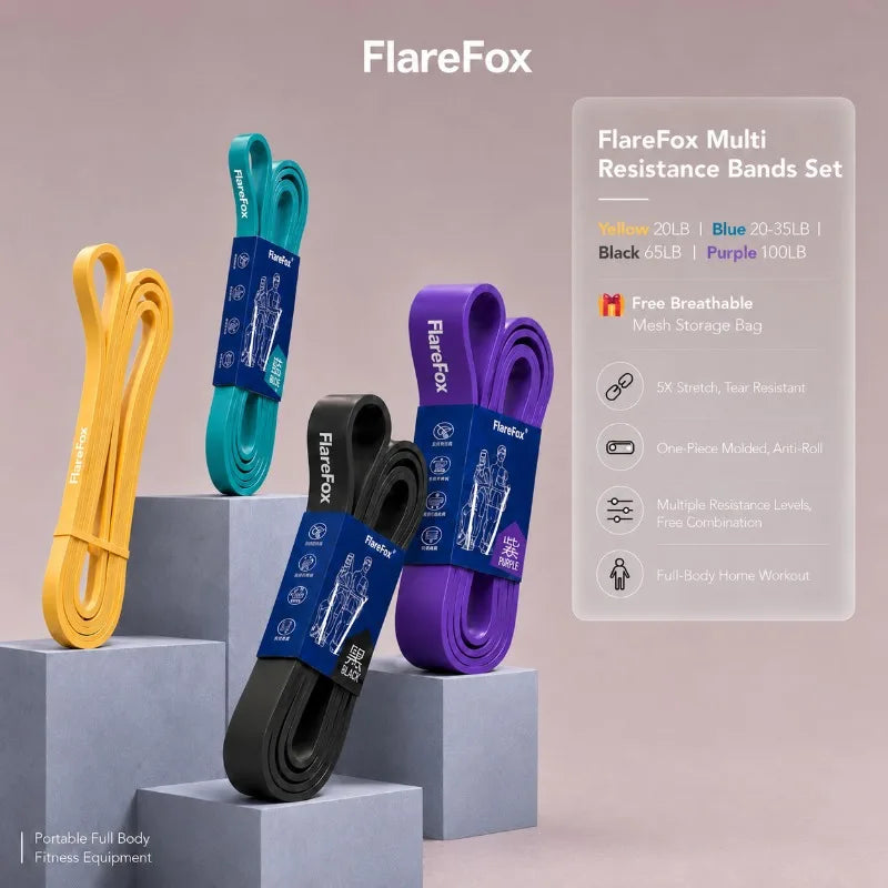 FlareFox Multiple Resistance Bands Set Pull-up Assist Straps Strength Agility Training Handy Gym Equipment for Home CrossFit