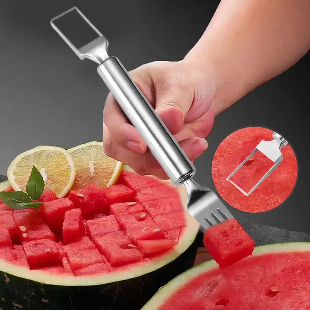 2-in-1 Stainless Steel Fruit Cutter,Dual Head Watermelon Fork Cutter Slicer Tool for Home Kitchen Gadget Melon Cube Cutter