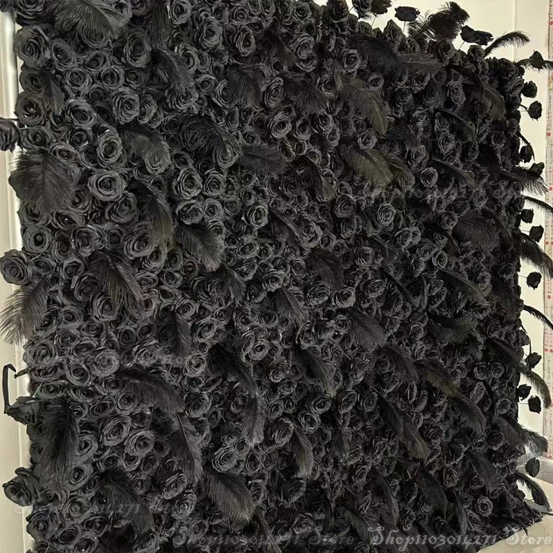 5D Black Rose 8ft X 8ft Feathers Wall Roll Up Backdrop for Wedding Decor Hanging Ivory Artificial Silk Pink Flower Wall Party