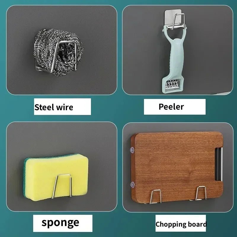 Multifunctional Kitchen Stainless Steel Sink Sponges Holder Self Adhesive Drain Drying Rack Kitchen Wall Hooks Accessories