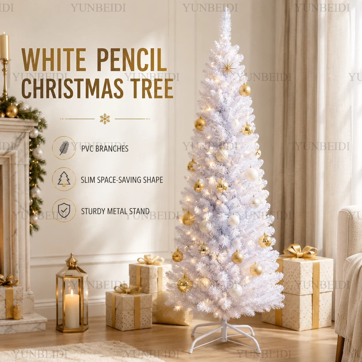 Artificial Christmas Tree PVC Material White Pencil-shaped Christmas Tree 120cm To 210cm Home Parties Christmas Decorations.