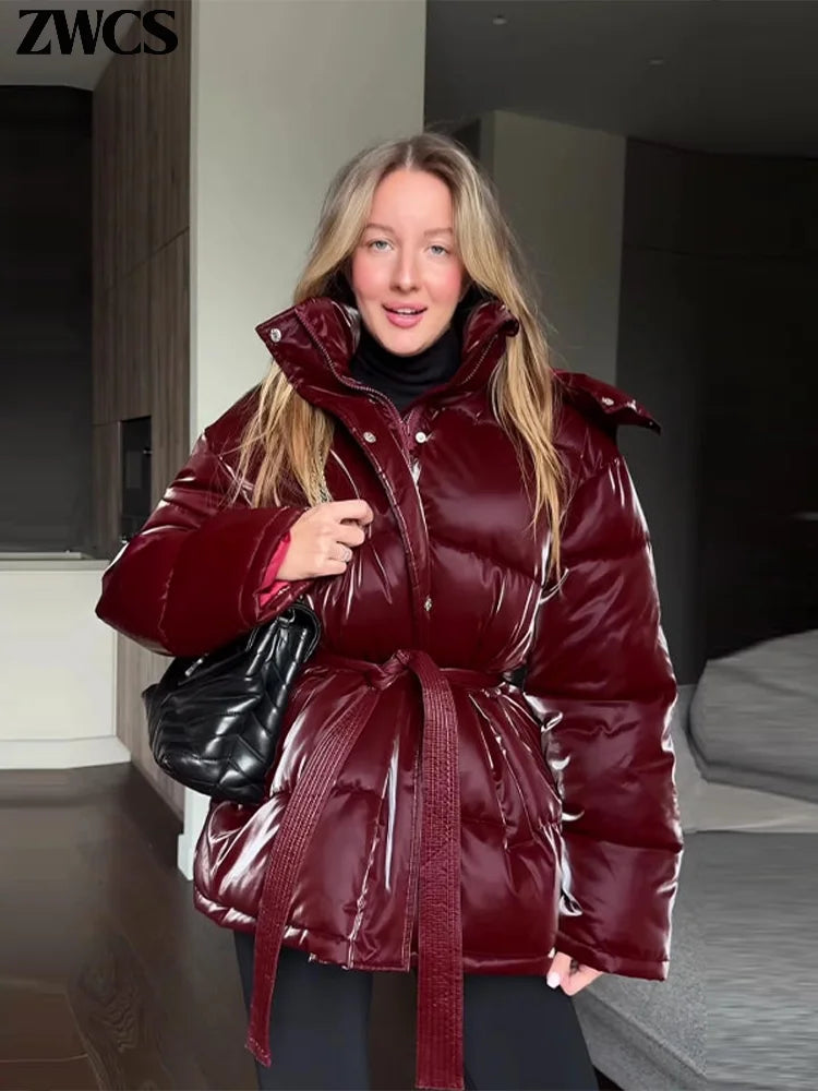 Warm Glossy Hooded Lace-up Cotton Coats Women's Casual Zipper Bottons Belted Overcoat 2026 Winter New Female Solid Streetwear