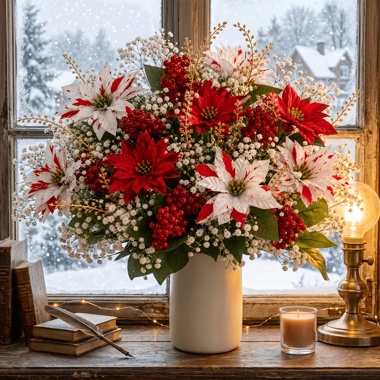 Christmas Red and White Poinsettia Bouquet Artificial Flower Holiday for Fireplaces Stair Railings Dining Tables Xmas Tree Decor