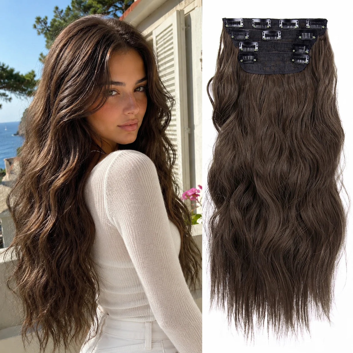 4Pcs/Set 20Inch Synthetic Hair Clip In Long Wavy Thick Hairpieces For Women Full Head Synthetic Hair Extensions Ombre Hairpieces