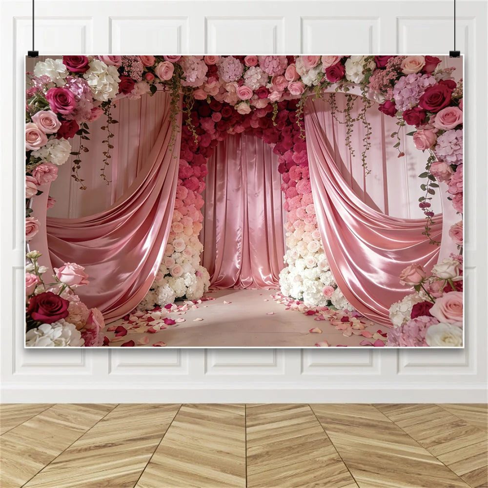 Pink Floral Wedding Backdrop Rose Arch Satin Drapery Photography Background for Bridal Shower Ceremony Photo Booth Decor