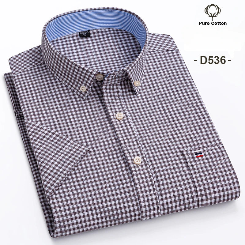 Plus Size 7XL Summer Short Sleeve Shirt 100%Cotton Shirts for Men White Plaid Striped Social Slim Fit Formal Business Clothing