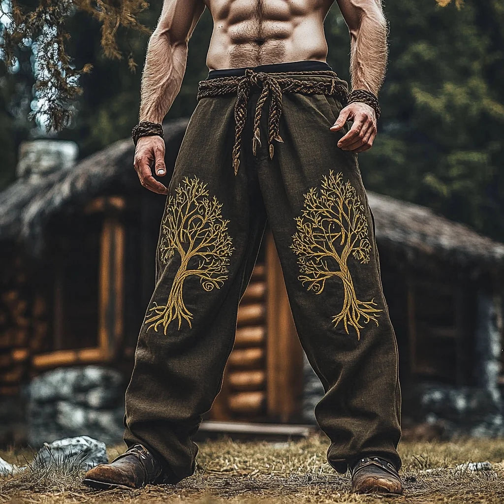 Men's Viking Retro Nordic Tree of Life and Raven 3D Printed Casual Straight-Leg Summer Beach Pants. S-5XL