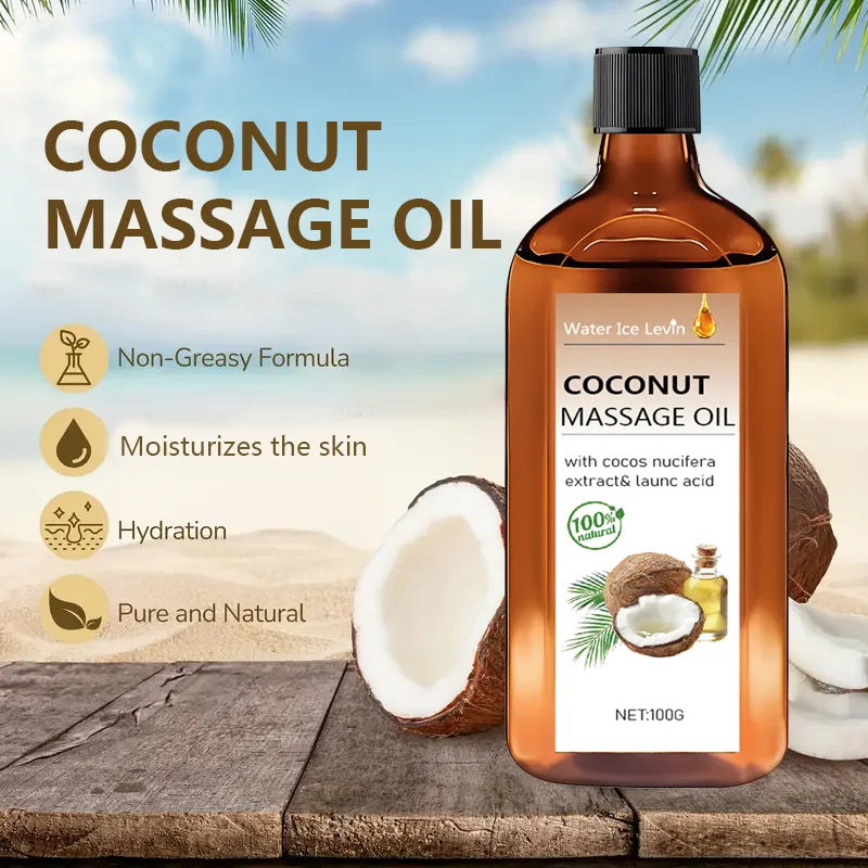 Coconut Massage Oil. Non-Greasy Hydration. Natural Cocos Nucifera Extract. Lauric Acid Moisturizer. Nourishing Fast Absorption.
