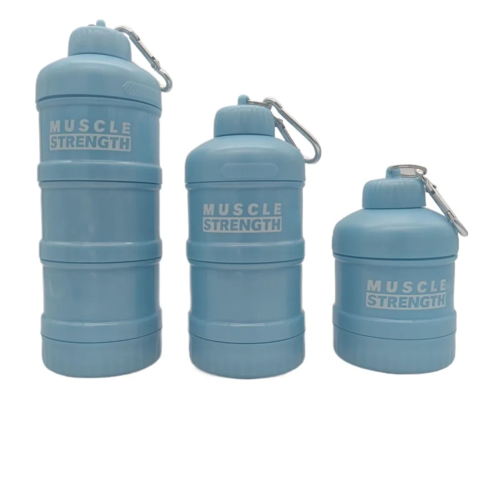 High Quality Plastic Protein Powder Box with Mountaineering Buckle Funnel Fitness Supplement Bottle Portable Medicine Box