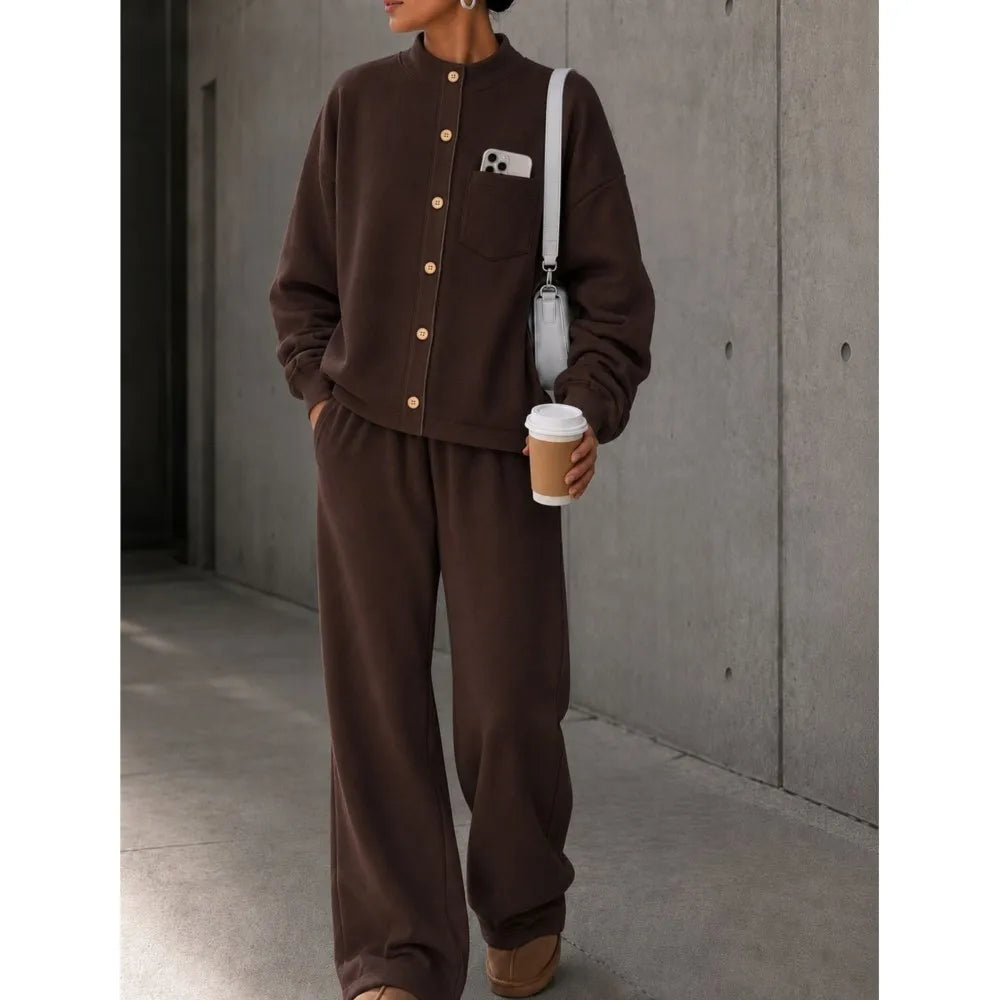 Autumn Women's Single-breasted Button-down Long-sleeved Cardigan Trousers 2-piece Set Casual Retro Wide-leg Trousers Female Suit
