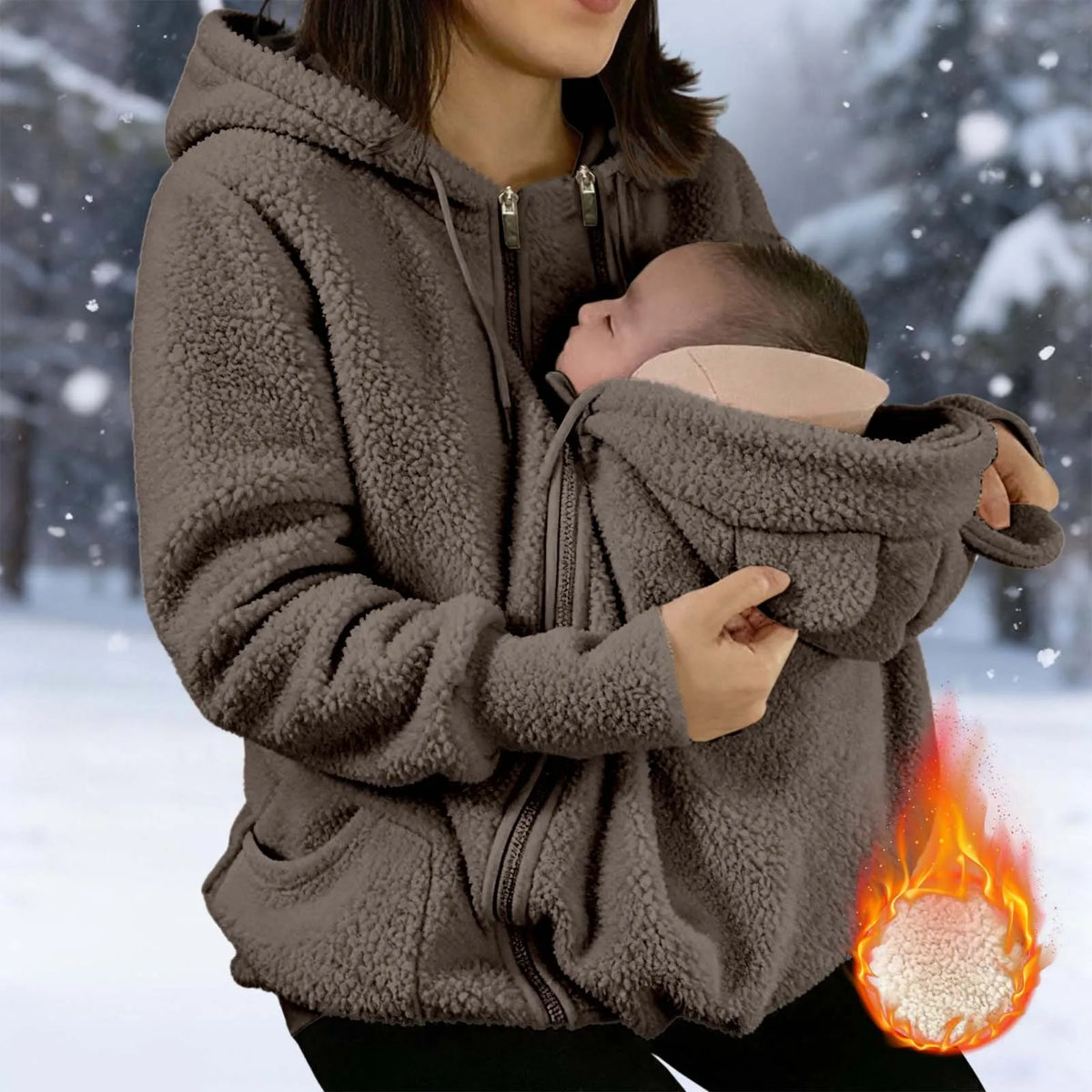 Autumn Winter Kangaroo Baby Carrier Hooded Jackets For Women Casual Hooded Mommy Outerwear Thickened Fleece Baby Pocket Jackets