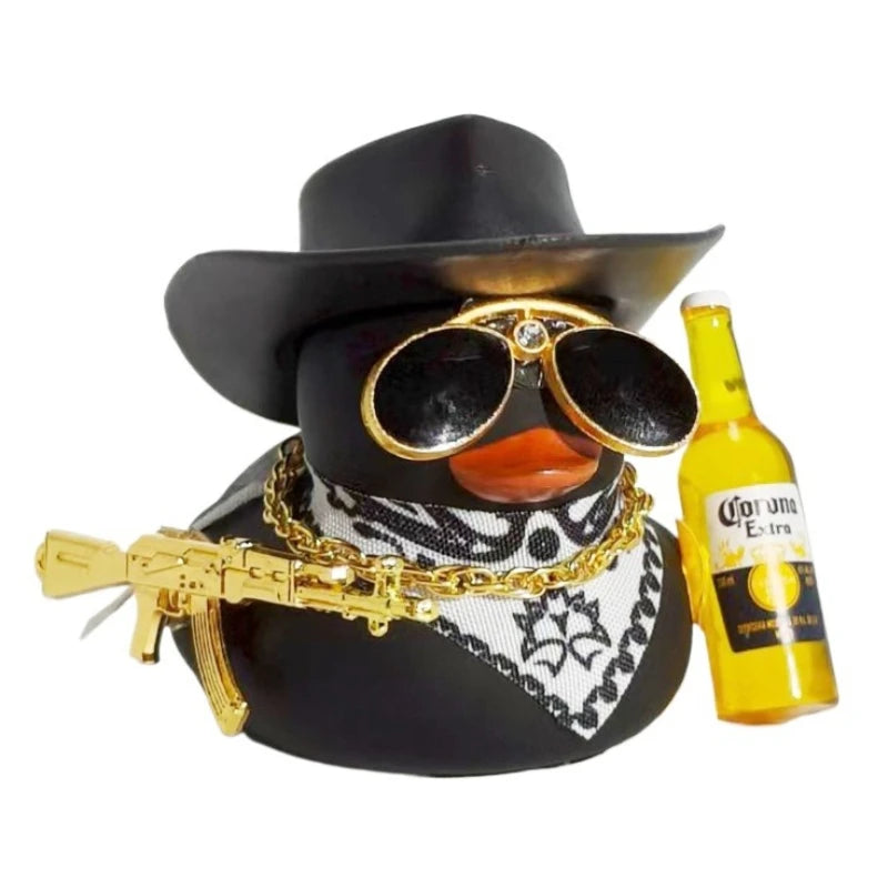 Cute Fortunate Rich Duck Car Dashboard Decoration Yellow Black Duck with Cowboy Hat Scarf Bottle for Women Men Car Ornament